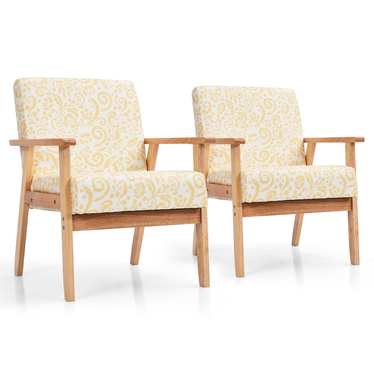 Costway 2PCS Accent Armchair Upholstered Chair Home Office w/ Wooden Frame White/Blue/Yellow